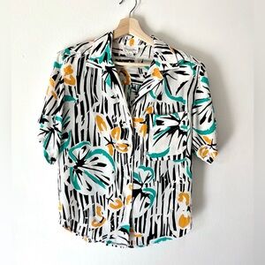 Christian Dior Vintage Multicolored Collared Button Down Short Sleeve Floral Top